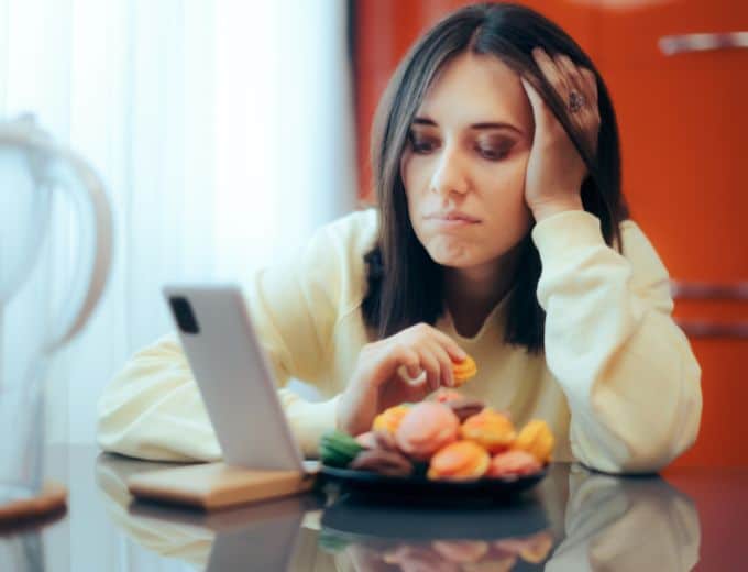 woman eating while on phone